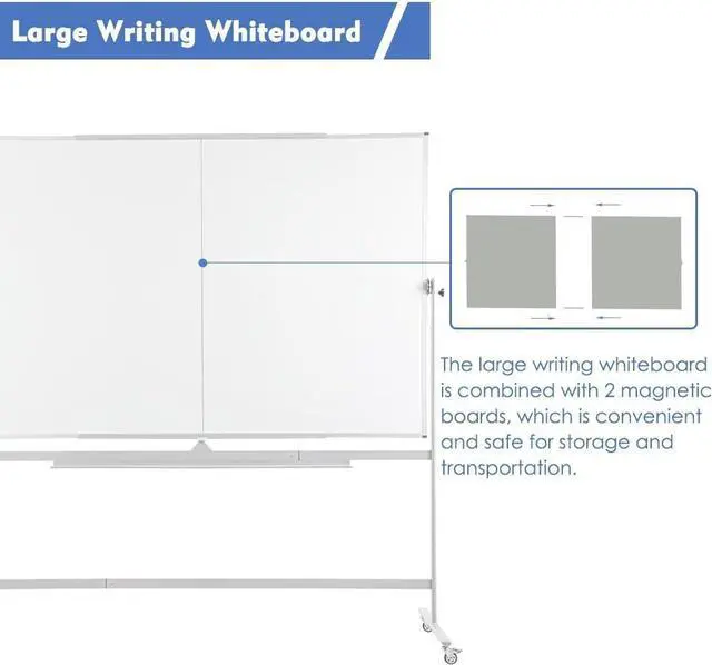 Alt view image 7 of 7 - Large Magnetic Mobile Whiteboard 72"x48", Rolling Double Sided Stand Whiteboard on Wheels, Reversible Adjustable Height/Angle Dry Erase Board 6' x 4' Easel White Board for Office Classroom