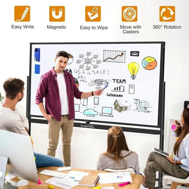 Alt view image 5 of 5 - Dry Erase Board with Stand 72"x40" Magnetic Mobile whiteboard on Wheels Double-Sided Rolling Whiteboard for Office, Home & School