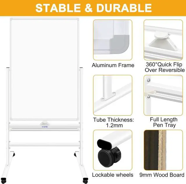 Alt view image 2 of 6 - Magnetic Whiteboard Mobile Dry Erase Board with Stand 40"x28" Double Side Rolling Whiteboards on Wheels for Home, Office & School