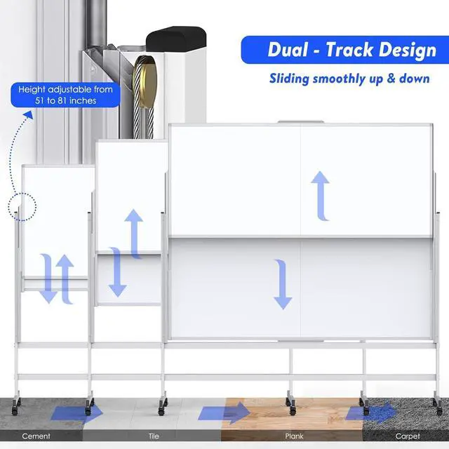 Alt view image 2 of 7 - Dry Erase Whiteboard Height Adjustable, 72x60 inches Large Standing Easel White Board on Wheels, Mobile Magnetic Rolling White Board for Office Home Classroom, School Supplies for Teaching