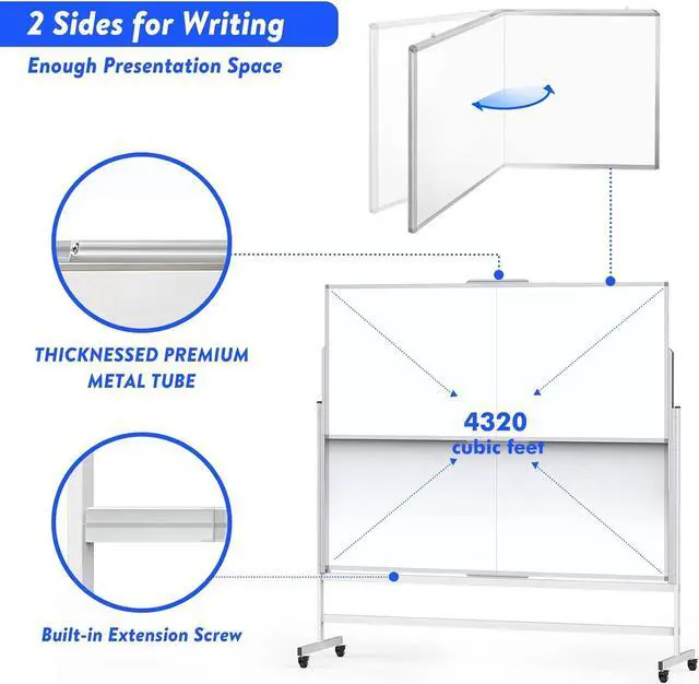 Alt view image 4 of 7 - Dry Erase Whiteboard Height Adjustable, 72x60 inches Large Standing Easel White Board on Wheels, Mobile Magnetic Rolling White Board for Office Home Classroom, School Supplies for Teaching