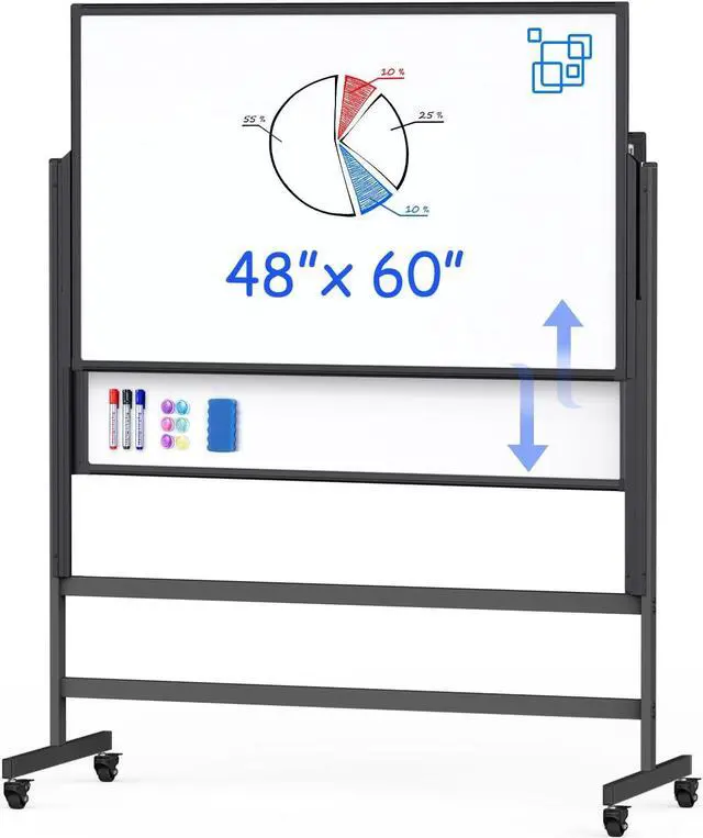 Main image of Dry Erase Whiteboard Height Adjustable, 48x60 inches Large Standing Easel White Board on Wheels, 4x5' Mobile Double-Side Magnetic Rolling White Board for Office Home Classroom School, Black