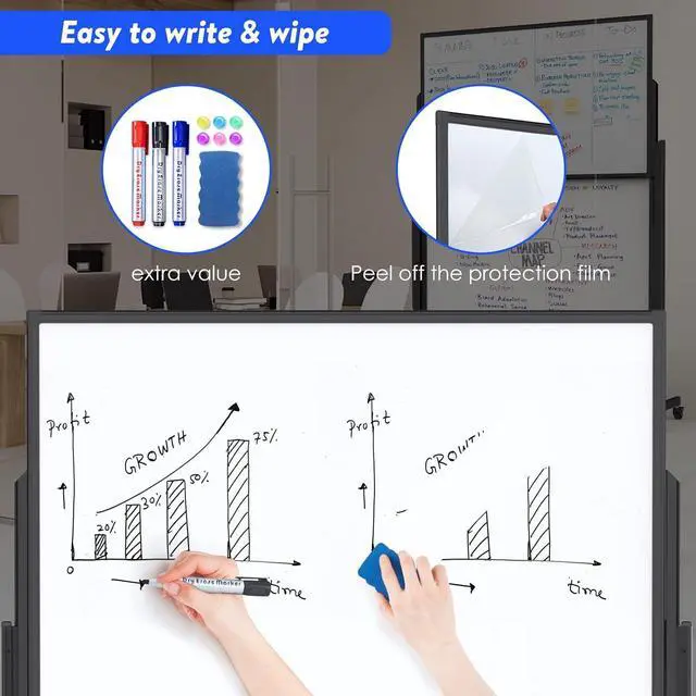 Alt view image 5 of 6 - Dry Erase Whiteboard Height Adjustable, 48x60 inches Large Standing Easel White Board on Wheels, 4x5' Mobile Double-Side Magnetic Rolling White Board for Office Home Classroom School, Black