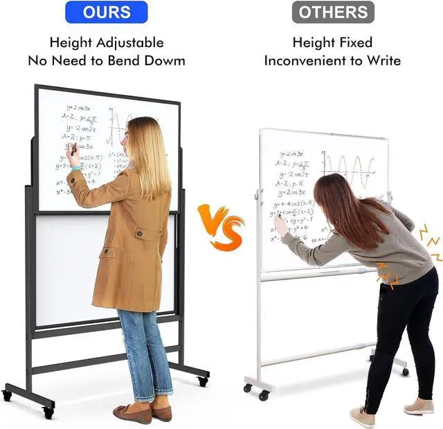 Alt view image 4 of 6 - Dry Erase Whiteboard Height Adjustable, 48x60 inches Large Standing Easel White Board on Wheels, 4x5' Mobile Double-Side Magnetic Rolling White Board for Office Home Classroom School, Black