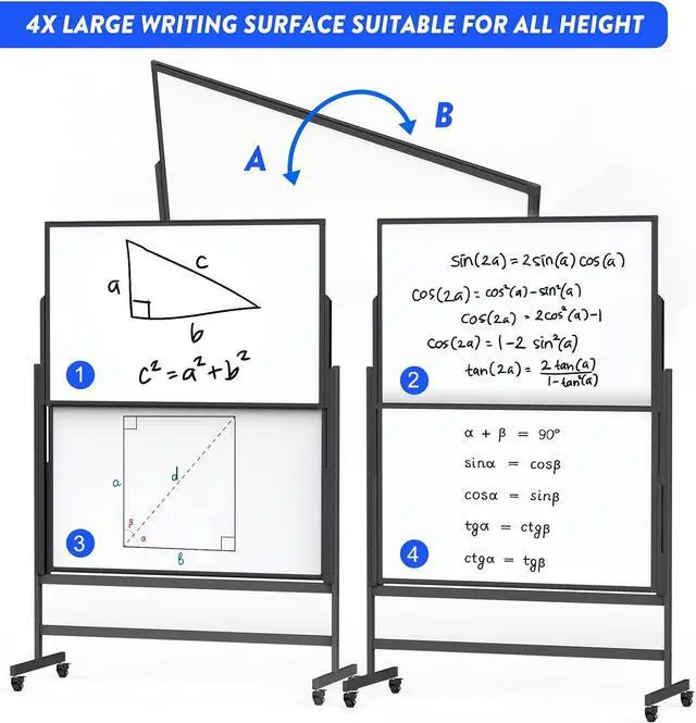 Alt view image 3 of 6 - Dry Erase Whiteboard Height Adjustable, 48x60 inches Large Standing Easel White Board on Wheels, 4x5' Mobile Double-Side Magnetic Rolling White Board for Office Home Classroom School, Black