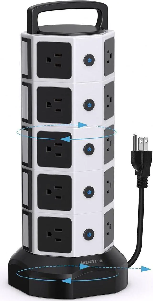 Main image of Power Strip Tower Surge Protector 1050J, JACKYLED 20 AC Outlets 6 USB Ports, 13A Desktop Electrical Charging Station, 6.5ft Heavy Duty Extension Cord, for Home, Office, Garage, White Black