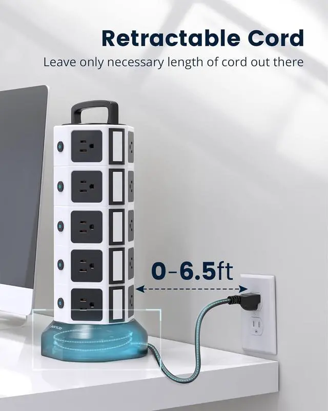 Alt view image 2 of 6 - Power Strip Tower Surge Protector 1050J, JACKYLED 20 AC Outlets 6 USB Ports, 13A Desktop Electrical Charging Station, 6.5ft Heavy Duty Extension Cord, for Home, Office, Garage, White Black