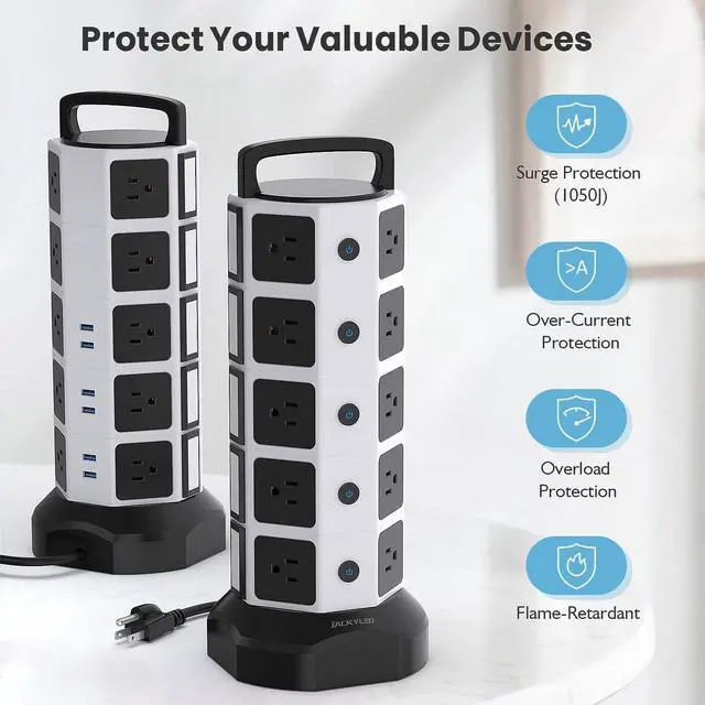 Alt view image 4 of 6 - Power Strip Tower Surge Protector 1050J, JACKYLED 20 AC Outlets 6 USB Ports, 13A Desktop Electrical Charging Station, 6.5ft Heavy Duty Extension Cord, for Home, Office, Garage, White Black