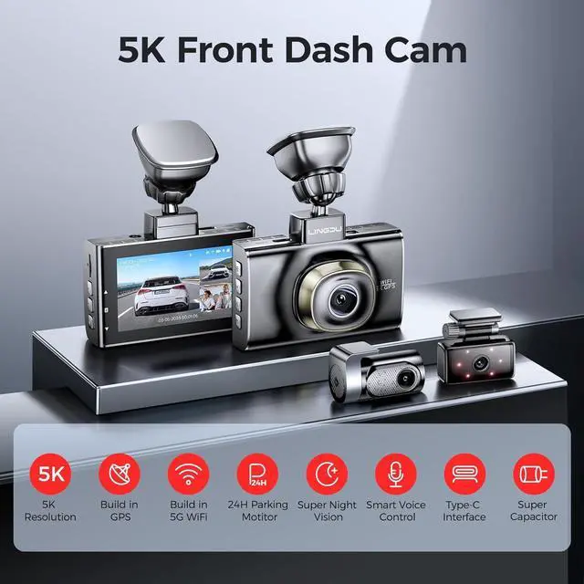 Alt view image 2 of 6 - LD02 5K 3 Channel Dash Cam 5G WiFi with Free 64GB Card, 4K+1080P+1080P Front Inside and Rear Triple Car Camera, IR Night Vision Voice Control, Build-in GPS 24H Parking Mode, Easy to Install
