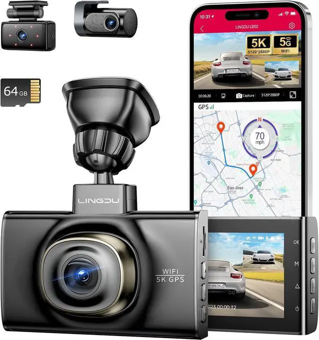 Main image of LD02 5K 3 Channel Dash Cam 5G WiFi with Free 64GB Card, 4K+1080P+1080P Front Inside and Rear Triple Car Camera, IR Night Vision Voice Control, Build-in GPS 24H Parking Mode, Easy to Install