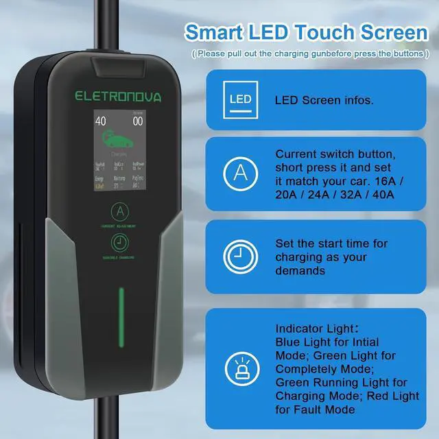 Alt view image 4 of 7 - Eletronova Level 2 EV Charger 240V /40 Amp UL & Energy Star Certified Metal Case Indoor/Outdoor Charging Station,NEMA 14-50 Plug 25-Foot Cable for Electric Cars