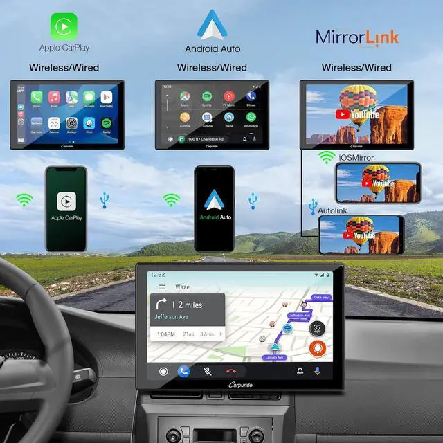 Alt view image 2 of 6 - [2024] Carpuride W901 Pro Portable Apple Carplay & Android Auto with Car Bluetooth Transmission, 9 inch Portable Car Stereo 1080P Touch Screen, Mirror Link/GPS/Siri/FM/AUX/Google, Dashboard Mounted