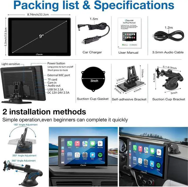 Alt view image 6 of 6 - [2024] Carpuride W901 Pro Portable Apple Carplay & Android Auto with Car Bluetooth Transmission, 9 inch Portable Car Stereo 1080P Touch Screen, Mirror Link/GPS/Siri/FM/AUX/Google, Dashboard Mounted