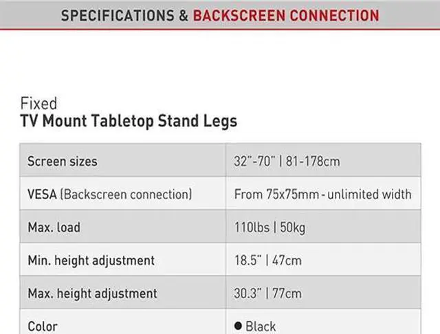 Alt view image 3 of 6 - S40 Tabletop Stand Legs TV Mount - Fixed 13" - 70" | 33 - 178 cm