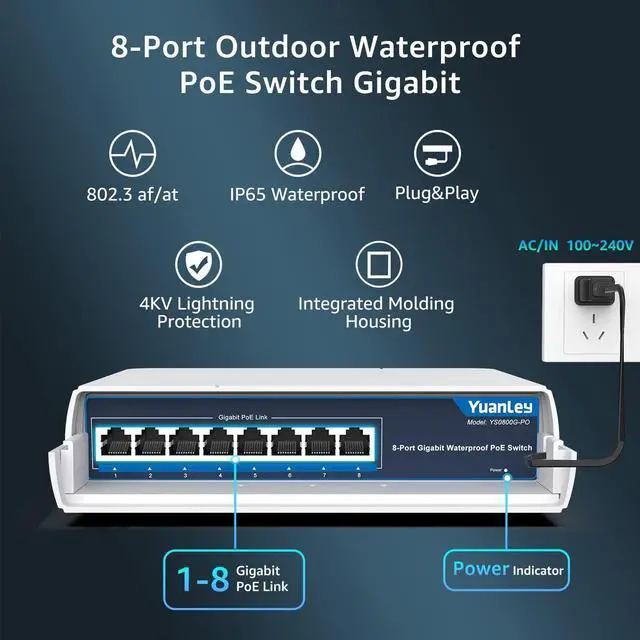 Alt view image 5 of 7 - 8-Port PoE Switch Gigabit- Waterproof Outdoor Ethernet Unmanaged Network Switch 1000Mbps, 120W Built-in Power, IEEE802.3af/at Support and Plug & Play, Ideal for Outdoor Use