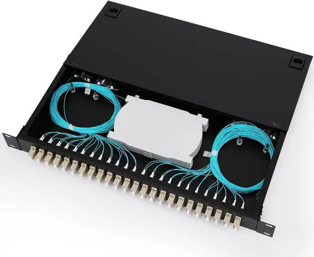 Alt view image 4 of 7 - 24 Duplex 48 Port LC-OM3 Multimode Fiber Enclosure Rack Mount Fiber Box LC-UPC Kit 1 RU Fits 19" Racks Cabinet (Include 2Pcs Splice Trays 48 Strand Pigtail 1M Cables Spool+48 Core LGX Loaded Patch