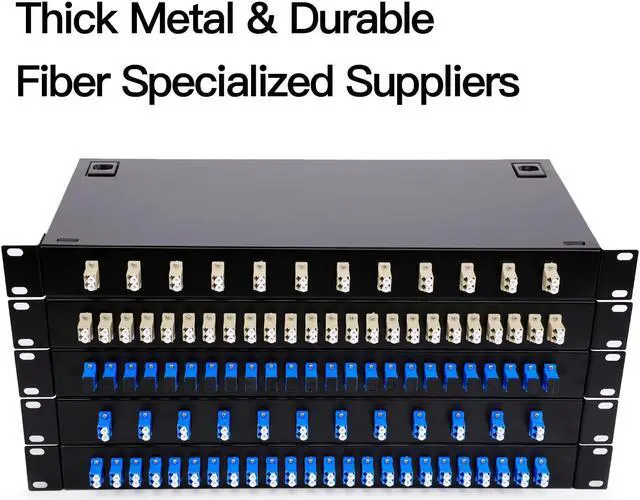 Alt view image 5 of 7 - 24 Duplex 48 Port LC-OM3 Multimode Fiber Enclosure Rack Mount Fiber Box LC-UPC Kit 1 RU Fits 19" Racks Cabinet (Include 2Pcs Splice Trays 48 Strand Pigtail 1M Cables Spool+48 Core LGX Loaded Patch