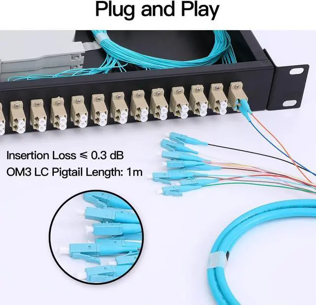 Alt view image 6 of 7 - 24 Duplex 48 Port LC-OM3 Multimode Fiber Enclosure Rack Mount Fiber Box LC-UPC Kit 1 RU Fits 19" Racks Cabinet (Include 2Pcs Splice Trays 48 Strand Pigtail 1M Cables Spool+48 Core LGX Loaded Patch
