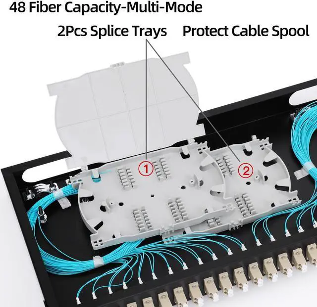 Alt view image 7 of 7 - 24 Duplex 48 Port LC-OM3 Multimode Fiber Enclosure Rack Mount Fiber Box LC-UPC Kit 1 RU Fits 19" Racks Cabinet (Include 2Pcs Splice Trays 48 Strand Pigtail 1M Cables Spool+48 Core LGX Loaded Patch