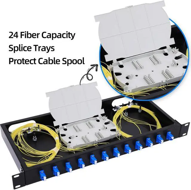 Alt view image 5 of 7 - 12 Duplex 24 Port LC-OS1 Rack Mount Enclosure Box + Splice Trays Fiber Cables Spool SingleMode LC-UPC Kit (Include 1M 24Strand Pigtail+24 Core LGX Loaded Patch Panel - Fits 19" Racks Cabinet