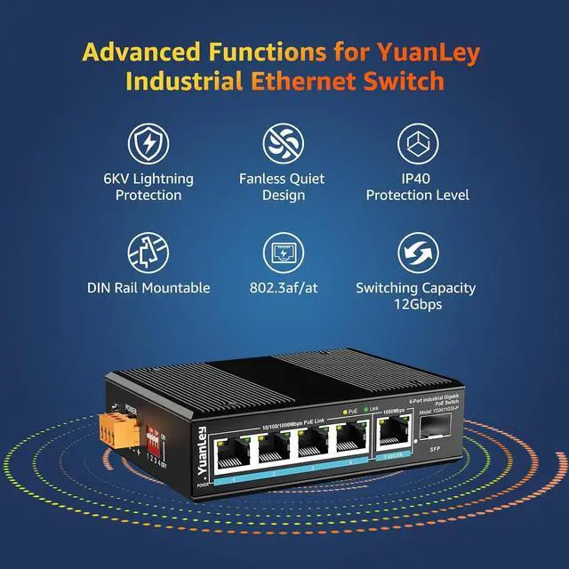 Alt view image 5 of 7 - 6 Port Industrial Switch with 4 Port PoE Gigabit, 1 1000Mbps Uplink, 1 SFP Port, Unmanaged DIN-Rail PoE Switch, IEEE802.3af/at, 12Gbps Switching Capacity, IP40, VLAN, AI Watchdog, Fanless