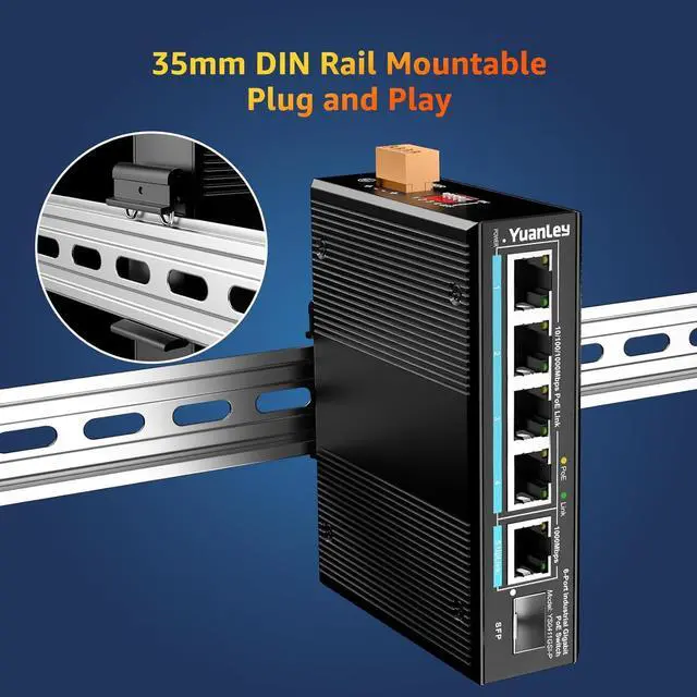 Alt view image 2 of 7 - 6 Port Industrial Switch with 4 Port PoE Gigabit, 1 1000Mbps Uplink, 1 SFP Port, Unmanaged DIN-Rail PoE Switch, IEEE802.3af/at, 12Gbps Switching Capacity, IP40, VLAN, AI Watchdog, Fanless