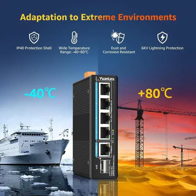 Alt view image 7 of 7 - 6 Port Industrial Switch with 4 Port PoE Gigabit, 1 1000Mbps Uplink, 1 SFP Port, Unmanaged DIN-Rail PoE Switch, IEEE802.3af/at, 12Gbps Switching Capacity, IP40, VLAN, AI Watchdog, Fanless