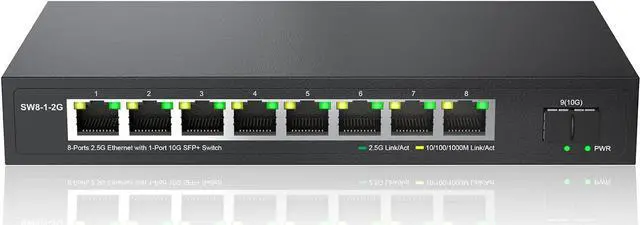 Main image of 8 Port 2.5G Ethernet Switch Unmanaged Network Switch with 8 x 2.5 Gigabit | 1 x 10G SFP+ | Work with 10-100-1000Mbps Devices | 60G Bandwidth | Plug & Play | Fanless Quiet Metal Internet Switch