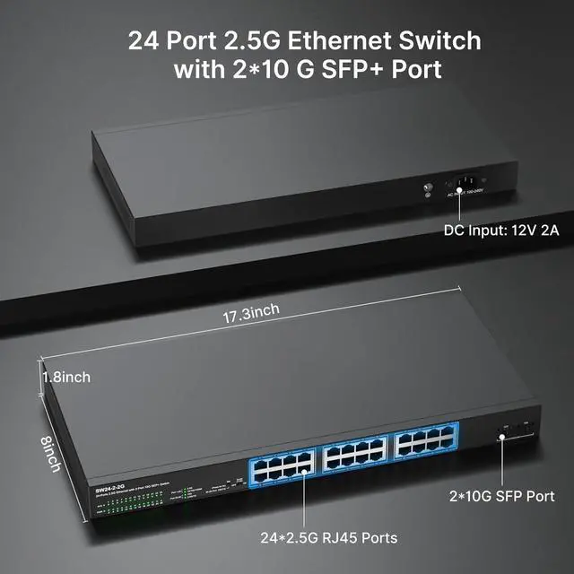 Alt view image 2 of 6 - 24 Port 2.5G Ethernet Switch Unmanaged Network Switch with 24 x 2.5 Gigabit | 2 x 10G SFP+ | Work with 10-100-1000Mbps Devices | 160G Bandwidth | Plug & Play | Fanless Quiet Metal Internet Switch
