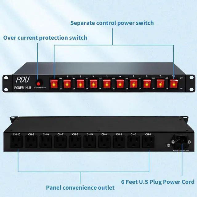 Alt view image 4 of 7 - PDU Power Strip Surge Protector,10 Outlet 1U Network-Grade Full Metal PDU Power Strip with Rackmount,100V-240V/15A Designed for Server Rack