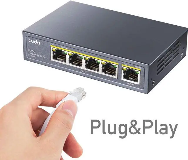 Main image of 4 Port Gigabit PoE Extender, 10/100/1000Mbps, 4 Channel PoE Repeater, PoE Amplifier, PoE Booster, Wall-Mount, Comply with IEEE 802.3bt, 802.3at, 802.3af, Not Support Passive PoE, Plug and Play