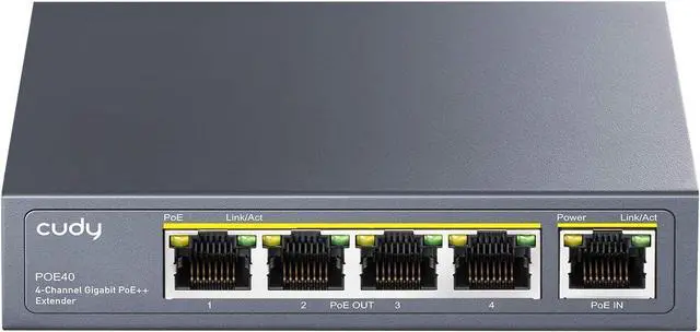 Alt view image 6 of 7 - 4 Port Gigabit PoE Extender, 10/100/1000Mbps, 4 Channel PoE Repeater, PoE Amplifier, PoE Booster, Wall-Mount, Comply with IEEE 802.3bt, 802.3at, 802.3af, Not Support Passive PoE, Plug and Play