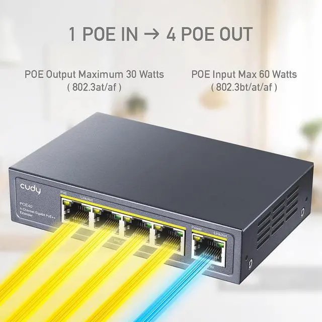 Alt view image 3 of 7 - 4 Port Gigabit PoE Extender, 10/100/1000Mbps, 4 Channel PoE Repeater, PoE Amplifier, PoE Booster, Wall-Mount, Comply with IEEE 802.3bt, 802.3at, 802.3af, Not Support Passive PoE, Plug and Play