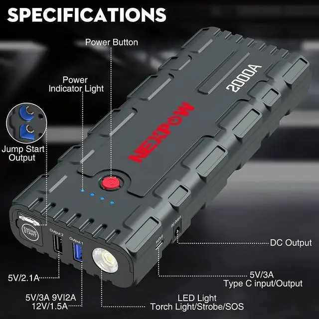 Alt view image 4 of 7 - 2000A Peak Car Jump Starter with USB Quick Charge 3.0 (Up to 7.0L Gas or 6.5L Diesel Engine), 12V Portable Battery Starter, Battery Booster with Built-in LED Light