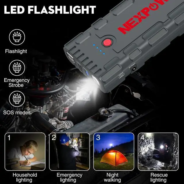 Alt view image 6 of 7 - 2000A Peak Car Jump Starter with USB Quick Charge 3.0 (Up to 7.0L Gas or 6.5L Diesel Engine), 12V Portable Battery Starter, Battery Booster with Built-in LED Light