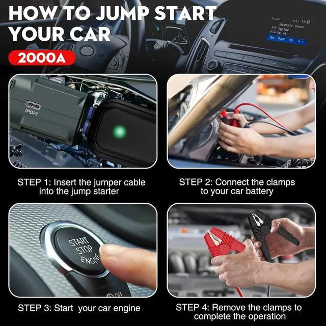 Alt view image 2 of 7 - 2000A Peak Car Jump Starter with USB Quick Charge 3.0 (Up to 7.0L Gas or 6.5L Diesel Engine), 12V Portable Battery Starter, Battery Booster with Built-in LED Light