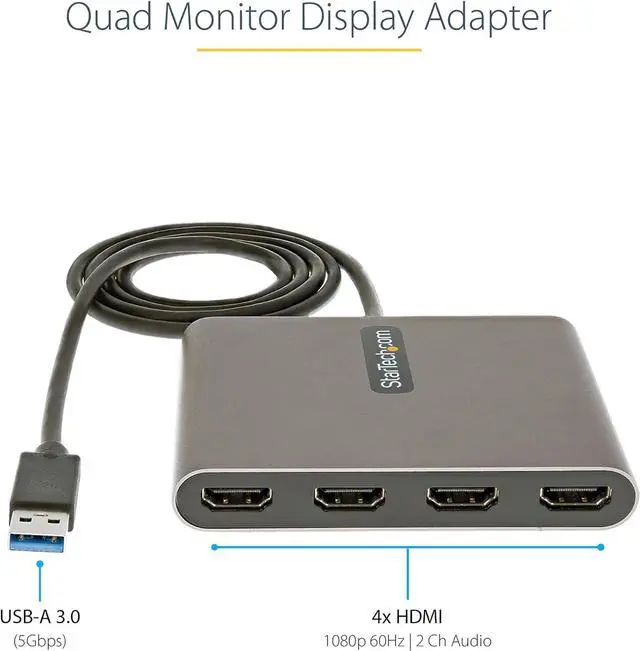 Alt view image 2 of 6 - USB 3.0 to 4x HDMI Adapter - External Video & Graphics Card - USB Type-A to Quad HDMI Display Adapter Dongle - 1080p 60Hz - Multi Monitor USB A to HDMI Converter - Windows Only (USB32HD4)