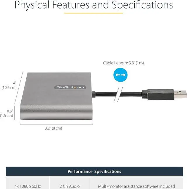 Alt view image 3 of 6 - USB 3.0 to 4x HDMI Adapter - External Video & Graphics Card - USB Type-A to Quad HDMI Display Adapter Dongle - 1080p 60Hz - Multi Monitor USB A to HDMI Converter - Windows Only (USB32HD4)
