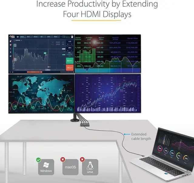 Alt view image 4 of 6 - USB 3.0 to 4x HDMI Adapter - External Video & Graphics Card - USB Type-A to Quad HDMI Display Adapter Dongle - 1080p 60Hz - Multi Monitor USB A to HDMI Converter - Windows Only (USB32HD4)