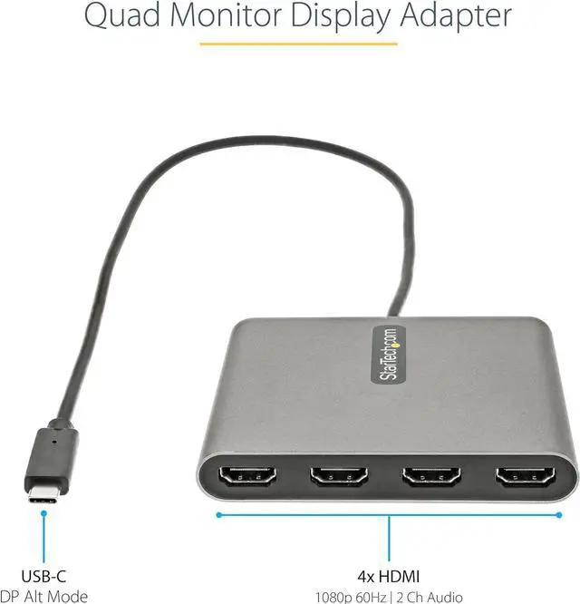 Alt view image 2 of 6 - USB C to 4 HDMI Adapter - External Video & Graphics Card - USB Type-C to Quad HDMI Display Adapter Dongle - 1080p 60Hz - Multi Monitor Video Converter - Windows Only (USBC2HD4)