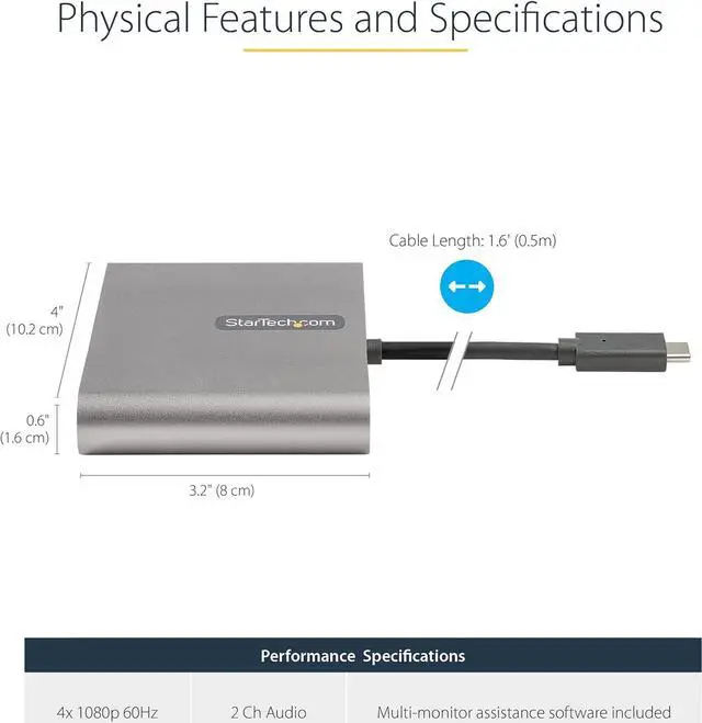 Alt view image 3 of 6 - USB C to 4 HDMI Adapter - External Video & Graphics Card - USB Type-C to Quad HDMI Display Adapter Dongle - 1080p 60Hz - Multi Monitor Video Converter - Windows Only (USBC2HD4)