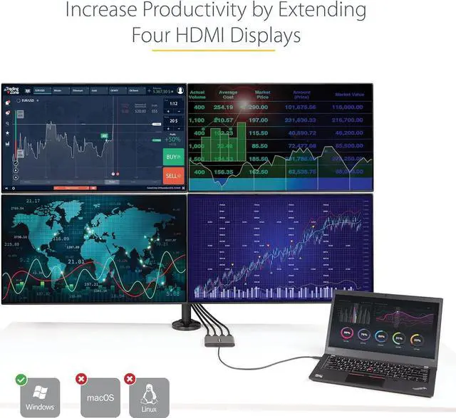 Alt view image 4 of 6 - USB C to 4 HDMI Adapter - External Video & Graphics Card - USB Type-C to Quad HDMI Display Adapter Dongle - 1080p 60Hz - Multi Monitor Video Converter - Windows Only (USBC2HD4)