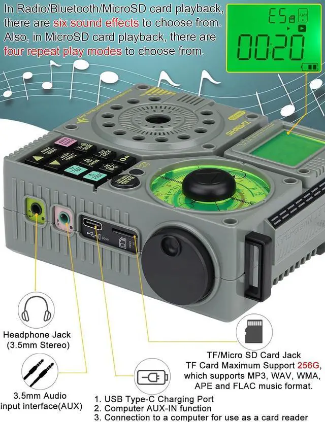 Alt view image 5 of 7 - Shortwave Radio with Bluetooth and APP Control, AIR AM FM VHF SW WB Portable Receiver, Super Bass/5 Types of Light Effects/6 EQ/Recording Rechargeable Stereo Emergency Radios Player ZWS-A320