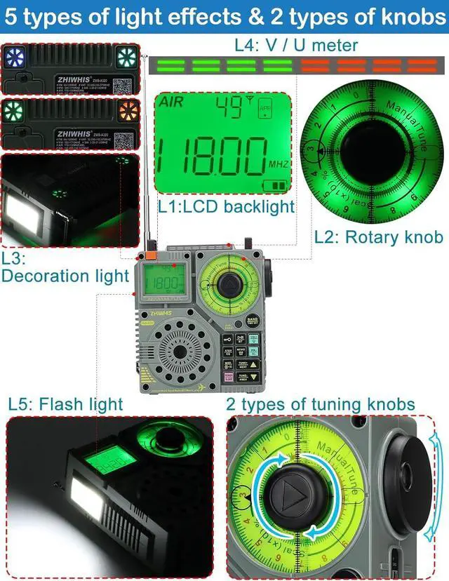 Alt view image 4 of 7 - Shortwave Radio with Bluetooth and APP Control, AIR AM FM VHF SW WB Portable Receiver, Super Bass/5 Types of Light Effects/6 EQ/Recording Rechargeable Stereo Emergency Radios Player ZWS-A320