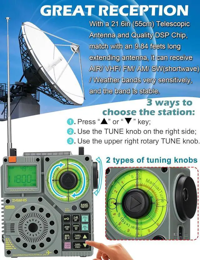Alt view image 7 of 7 - Shortwave Radio with Bluetooth and APP Control, AIR AM FM VHF SW WB Portable Receiver, Super Bass/5 Types of Light Effects/6 EQ/Recording Rechargeable Stereo Emergency Radios Player ZWS-A320