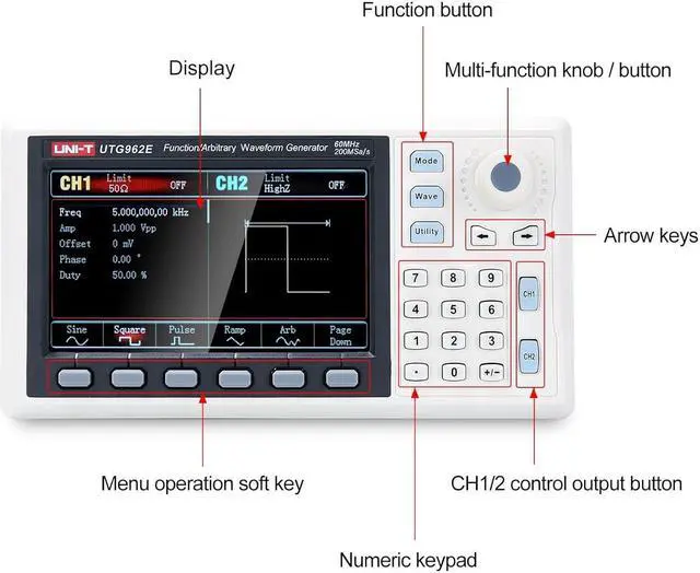 Alt view image 2 of 6 - UNI-T UTG962E Arbitrary Waveform Generator Function Generator Kit 60Mhz Dual-Channel 200MSa/s 14 Bits Frequency Signal Generator