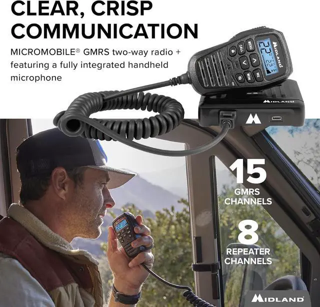 Alt view image 2 of 7 - MXT275 MicroMobile® GMRS Radio  15 watts Two-Way Radio with Integrated Control Microphone  Overland Caravanning Tractors  Detachable External Magnetic Mount Antenna - 8 Repeater Channels