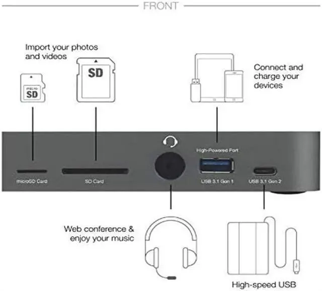 Alt view image 2 of 6 - 14-Port Thunderbolt Dock, 85W charging, (2) Thunderbolt 40 Gb/s (USB-C), (5) USB 3.2 Type-A, USB 3.2 (10Gb/s) Type-C, Mini DisplayPort, GbE, Audio, Single 5K or Dual 4K Displays, cable, For Mac/PC