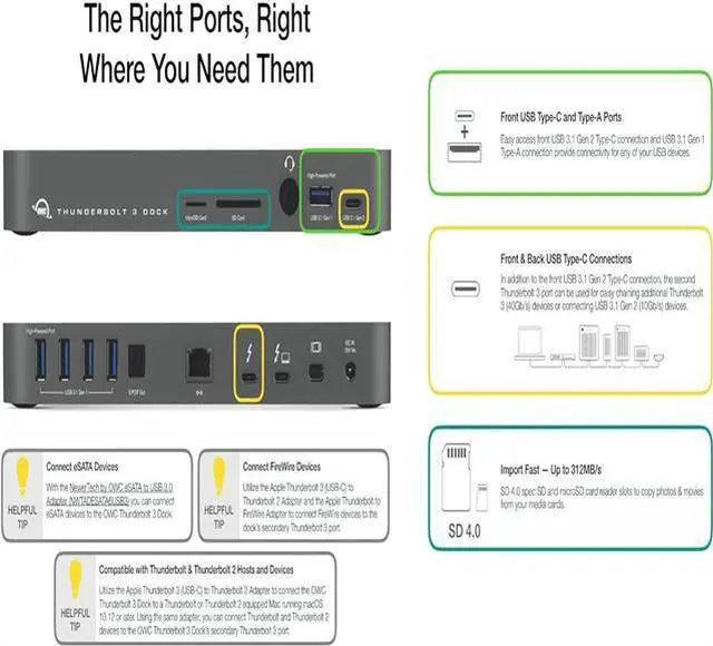 Alt view image 5 of 6 - 14-Port Thunderbolt Dock, 85W charging, (2) Thunderbolt 40 Gb/s (USB-C), (5) USB 3.2 Type-A, USB 3.2 (10Gb/s) Type-C, Mini DisplayPort, GbE, Audio, Single 5K or Dual 4K Displays, cable, For Mac/PC