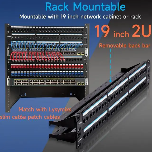 Alt view image 5 of 6 - 48 Port RJ45 Patch Panel Cat6 Feed Through, Coupler Network Patch Panel 19 Inch, Inline Keystone Ethernet Patch Panel with Back Bar